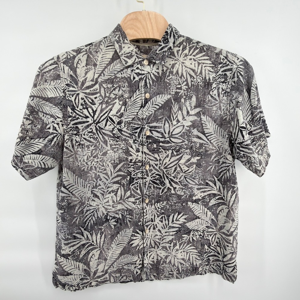 Tommy Bahama Button Down Shirt Mens XL Black Gray White Linen Tropical Leaf